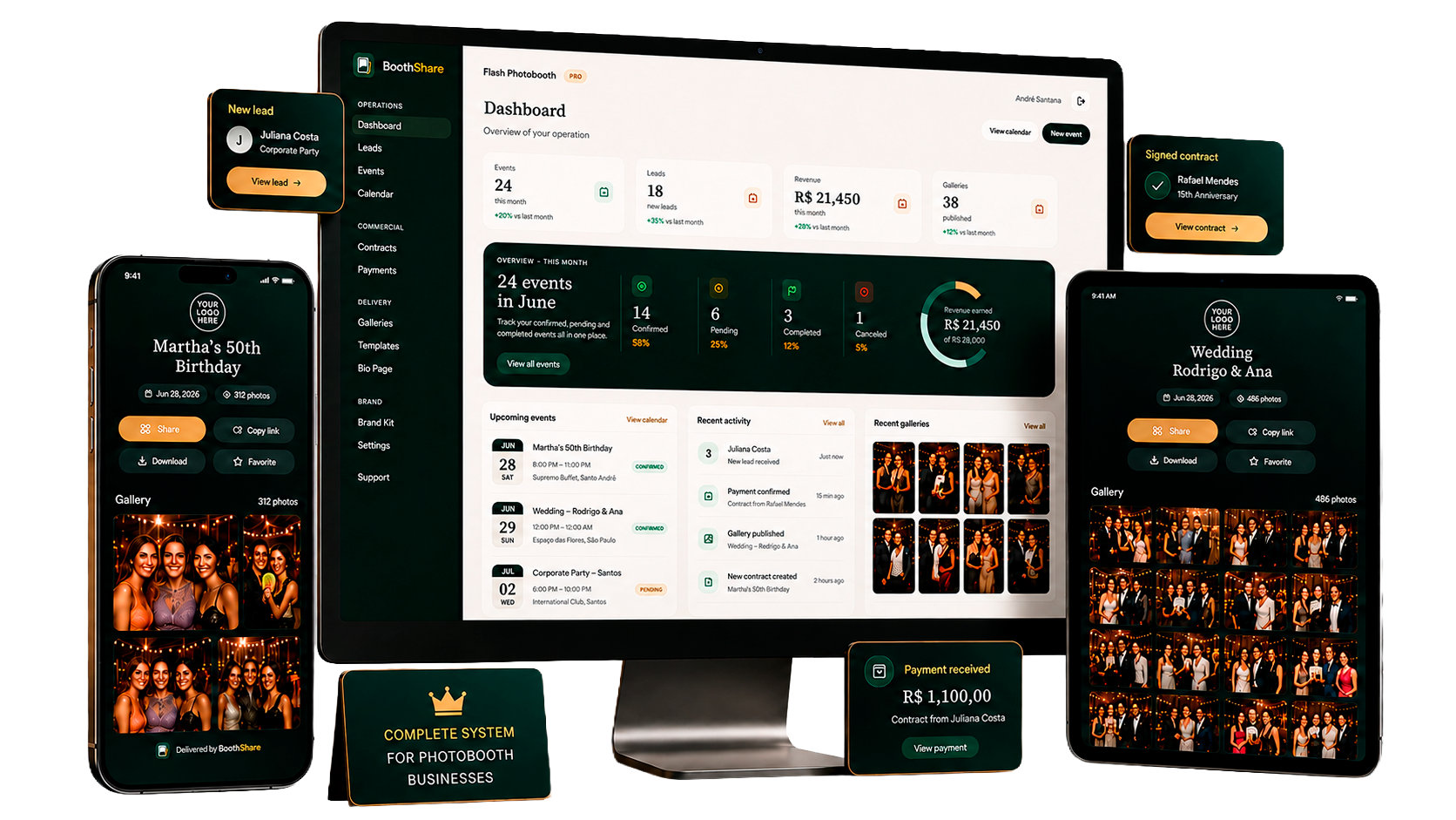 BoothShare dashboard — leads, events, galleries, and finance