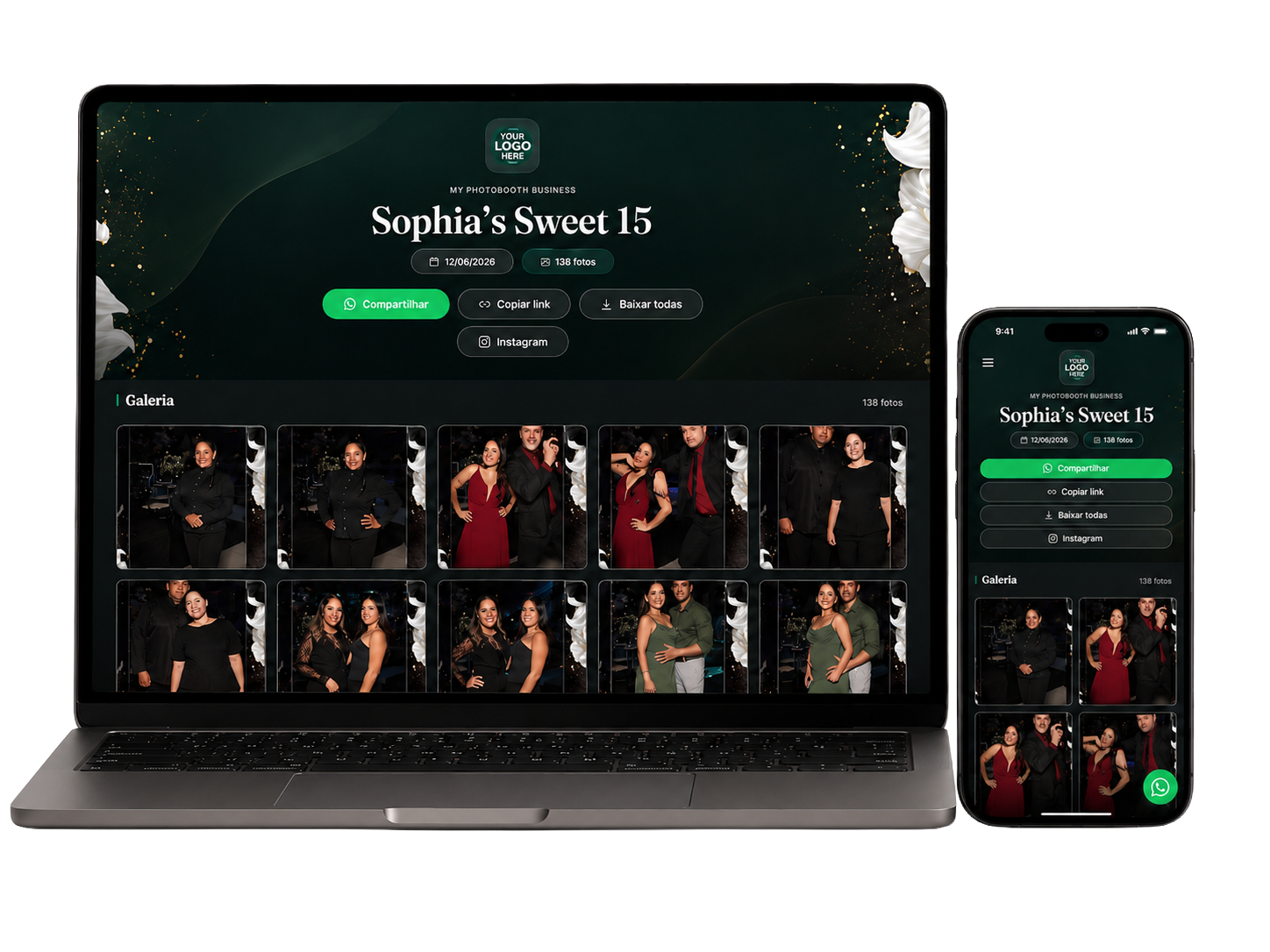 BoothShare gallery with QR Code, download, and brand identity